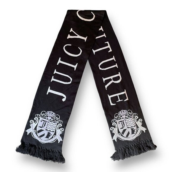 Juicy Couture Womens Scarf Black Gray White Merino Wool Spellout Logo Fringe - Picture 1 of 5